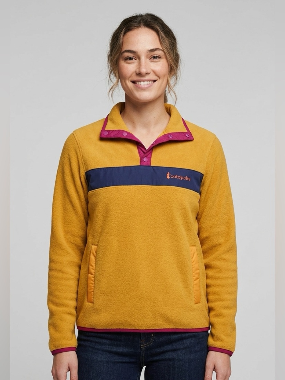 cotopaxi Mustard Yellow Fleece Pullover with Burgundy Trim and Navy Chest Panel